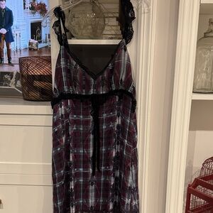 Anthropologie Burgundy and Black Plaid Lace-Trim Maxi Dress